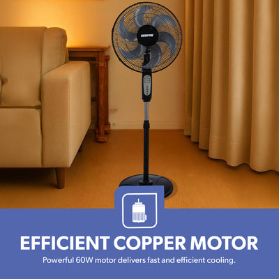 Geepas GF21112 16 Inch Stand Fan with Remote Control | 60W Power| 3 Speed Settings| 5 Durable AS Blades| 7.5 Hour Timer| Wide Oscillation Function| 2 Years Warranty