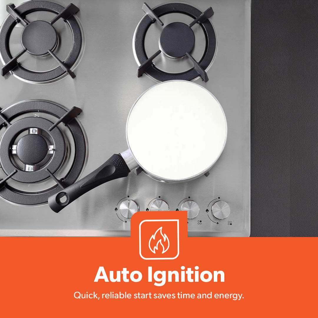 Geepas Built-In Gas Hob GGC31026 | 4 Burner Stainless Steel Gas Stove with Auto Ignition| Durable Cast Iron Pan Support | Easy-to-Clean Design & 2 Years Warranty