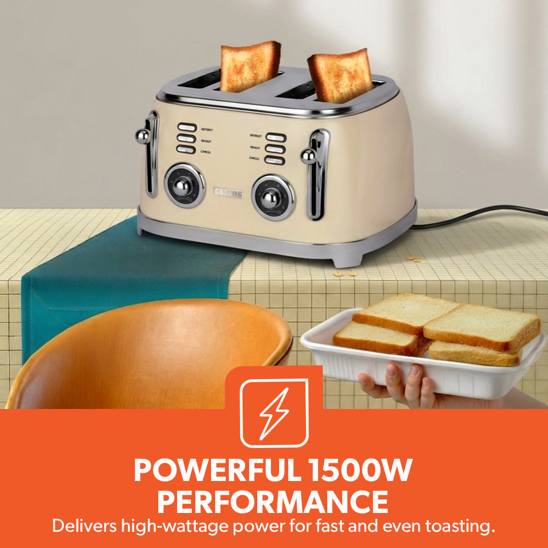 Geepas 4 Slice Toaster GBT36564UK-CR | 1500W Powerful Toaster with 6 Adjustable Browning Levels, Defrost, Reheat & Cancel Functions, Removable Crumb Tray, Cord Storage