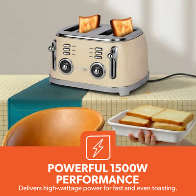 Geepas 4 Slice Toaster GBT36564UK-CR | 1500W Powerful Toaster with 6 Adjustable Browning Levels, Defrost, Reheat & Cancel Functions, Removable Crumb Tray, Cord Storage