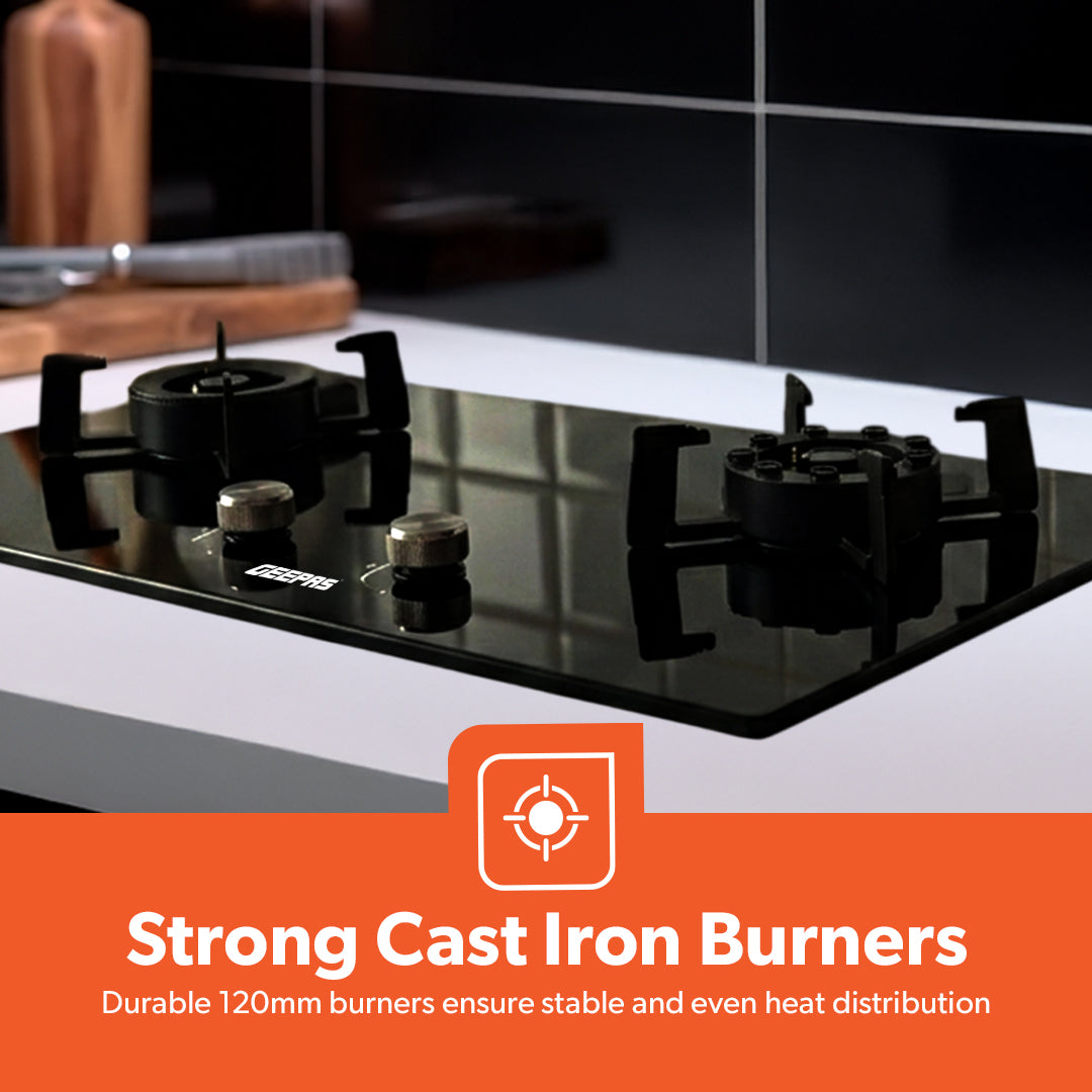 Geepas GGC31068FFD 2-in-1 Built-In Glass Gas Hob with Tempered Glass Platform | Strong Cast Iron Burners | Safety Flame Failure Device and Reliable Auto Piezo Ignition
