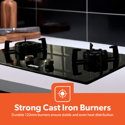 Geepas GGC31068FFD 2-in-1 Built-In Glass Gas Hob with Tempered Glass Platform | Strong Cast Iron Burners | Safety Flame Failure Device and Reliable Auto Piezo Ignition