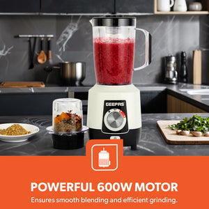 Geepas 2-in-1 Blender- GSB44027T/ 600 W, Powerful Motor with 2 Speed Setting and Pulse/ Transparent Jars with Stainless Steel Blade, Grinder Attachment White and Black