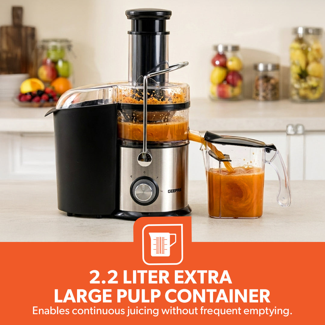 Geepas Digital Juice Extractor- GJE46023| 1.0 liter Jug| 2.0 Pomace Container| 800 W  | 5 Speed Setting| Touch Control | Stainless Steel Housing| 2 Years Warranty
