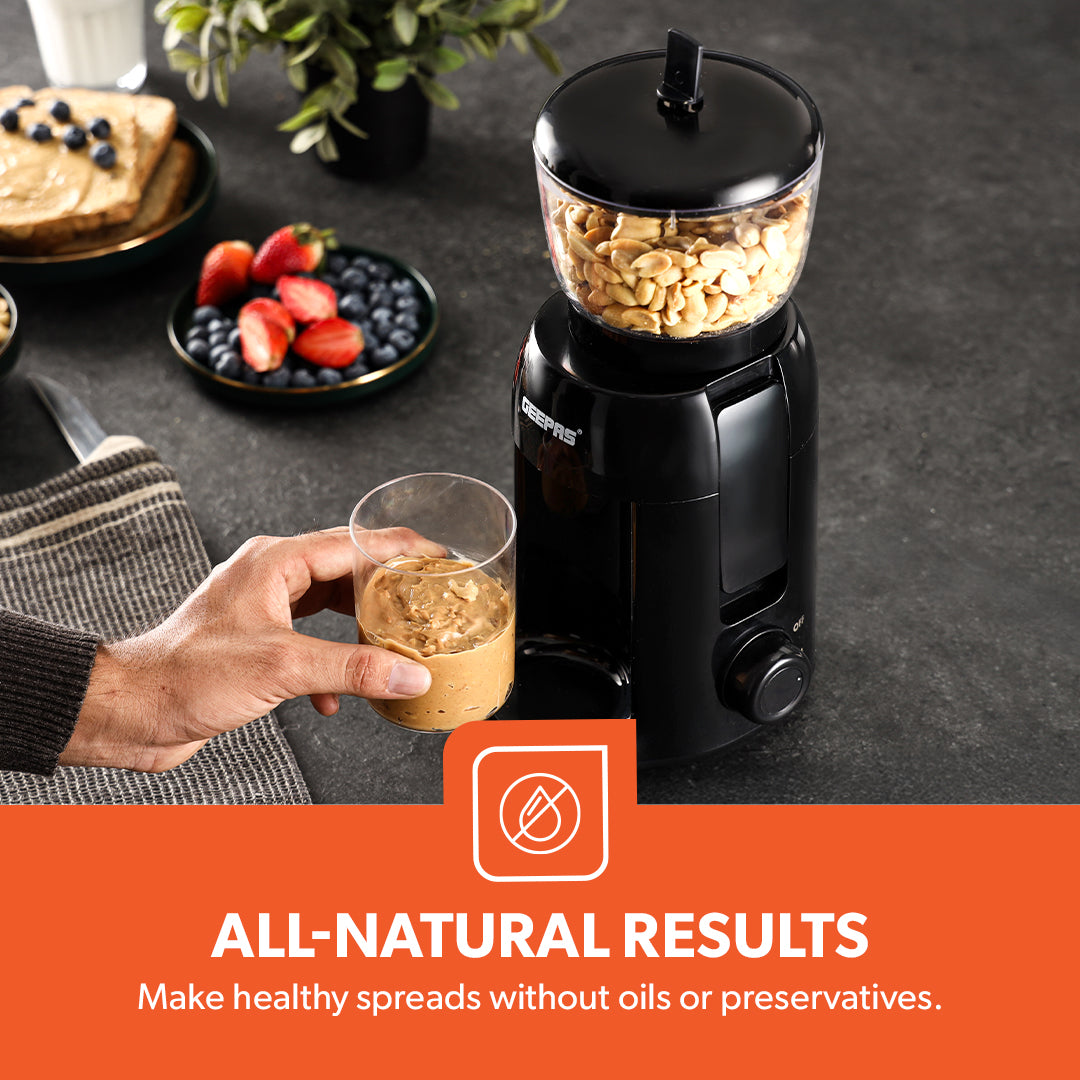 Geepas Peanut Butter Maker GPG63092 |500W Powerful Motor, Durable Stainless Steel Mill Plate, Large 756g Jar|  320ml Storage Cup for Fresh & Healthy Homemade Nut Butter