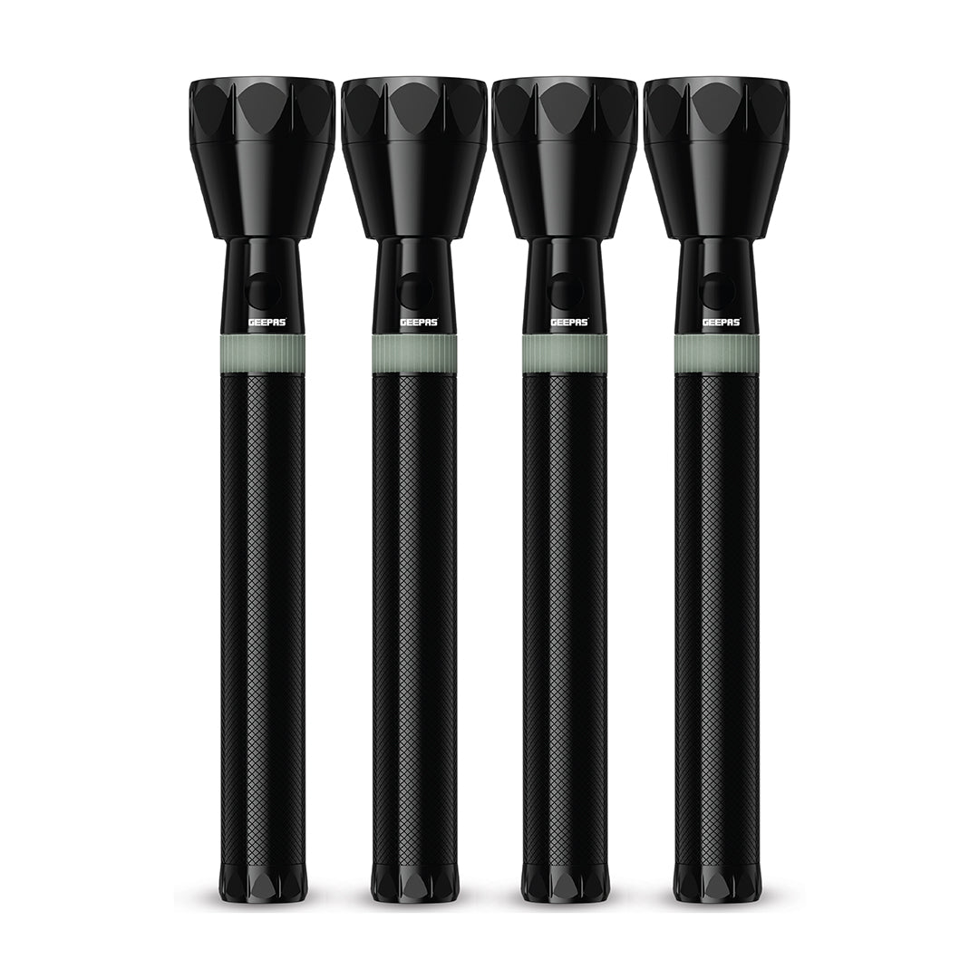 Geepas GFL4601 Rechargeable LED Flashlight 4PCS Combo | 7W CREE LED | 5000mAh Battery | 2000m Beam Range | Aircraft-grade aluminium body | Stable &regulated light output