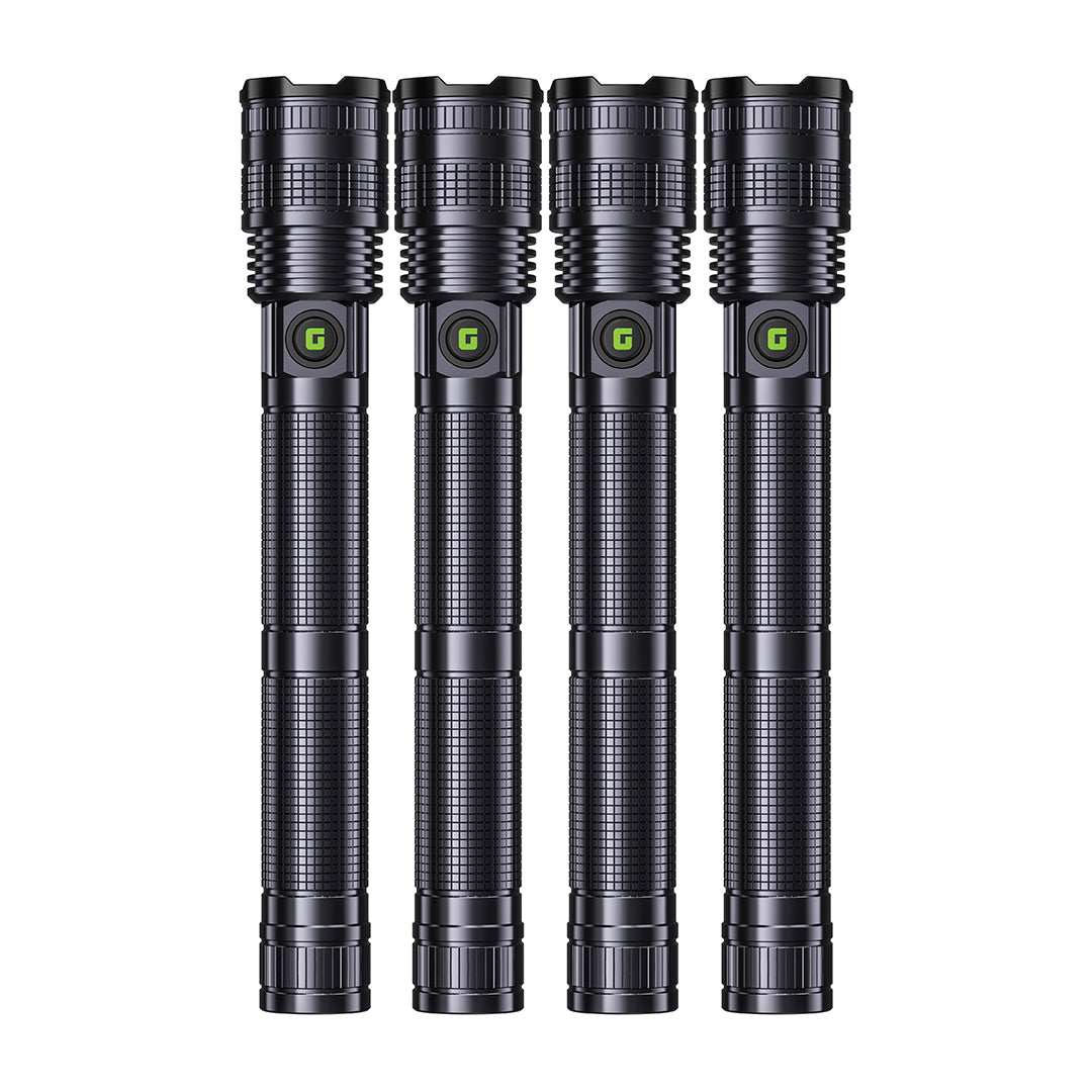 Geepas GFL4639 20W Zoomable LED Flashlight 4PCS Combo | Rechargeable Torch |Up to 2000-Meter Beam Distance | 6000mAh Rechargeable Li-ion Battery | USB Type-C Charging