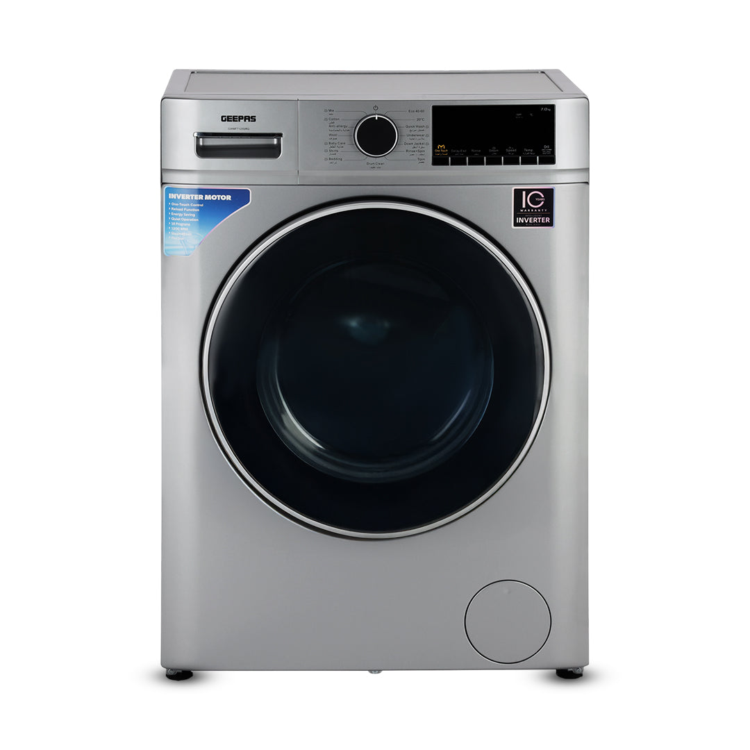 Geepas GWMF7125SRG 7kg Inverter Front Load Washing Machine |  1200 RPM |  16 Wash Programs |  Steam & Quick Wash | LED Display | Stainless Steel Drum & Low Noise System