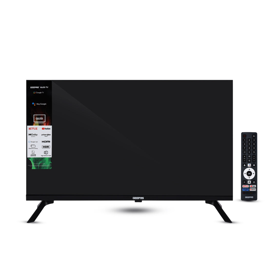 Geepas GLED3215GTQLD 32 Inch HD QLED Smart Google TV | Dolby Audio | Built-in Chromecast | HDMI & USB | 1366x768 Resolution |  Remote & Slim Design | 1-Year Warranty