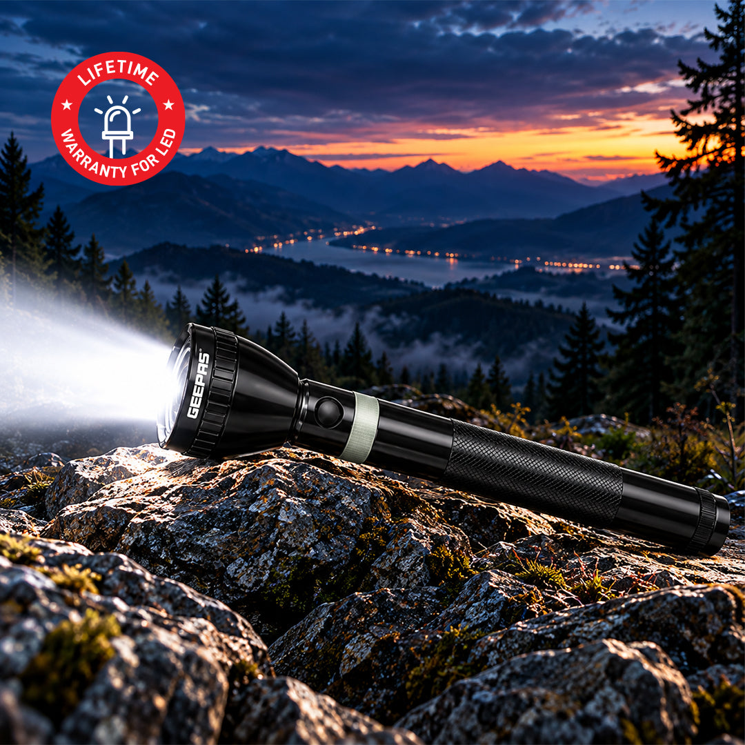 Geepas GFL3869 Rechargeable LED Flashlight | 10W High Power LED | 6000mAh Li-Ion Battery | Aircraft-grade aluminium body | Bright & focused illumination | Durable Design