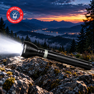 Geepas GFL3869 Rechargeable LED Flashlight | 10W High Power LED | 6000mAh Li-Ion Battery | Aircraft-grade aluminium body | Bright & focused illumination | Durable Design