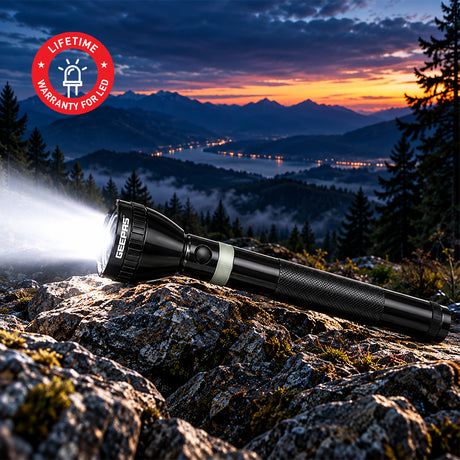 Geepas GFL3869 Rechargeable LED Flashlight | 10W High Power LED | 6000mAh Li-Ion Battery | Aircraft-grade aluminium body | Bright & focused illumination | Durable Design