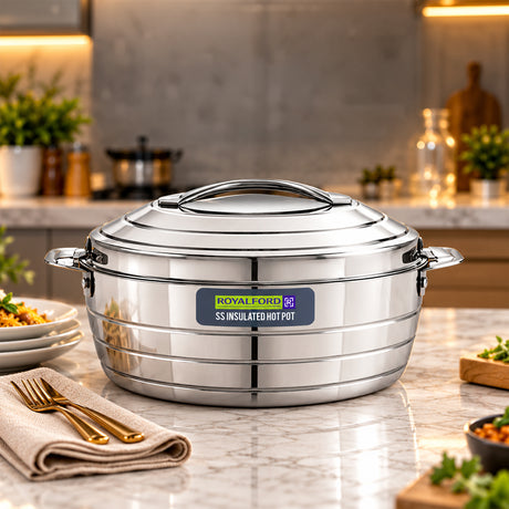 Royalford RF12856 Insulated Hot Pot 1600ml | Double Wall Stainless Steel Casserole | Twist Lock Lid| PU Insulation| Durable Outer Body| Food Warmer for Home & Travel Use