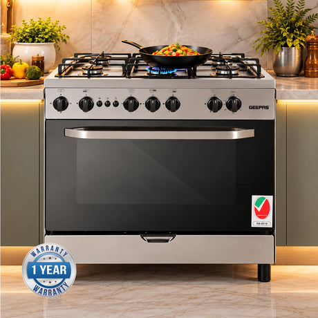 Geepas 90x60 Freestanding Full Gas Cooking Range- GCR9060FSE/ 5 Burners /Self Ignition/ Closed Door Grilling System/ Timer/  Multiple Power Levels / 1 Year Warranty