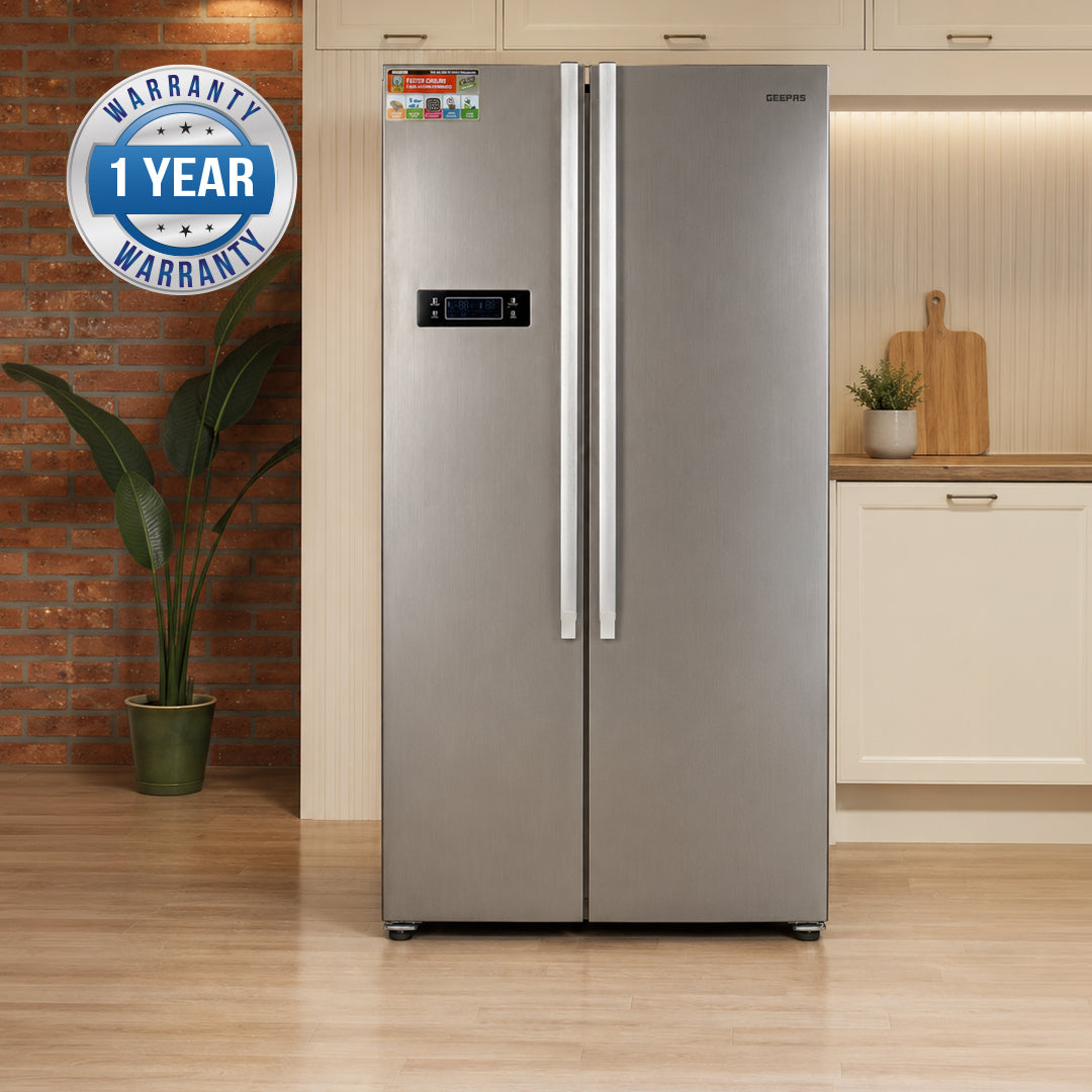 Geepas GRFS6521SXHN Side by Side Refrigerator|650L No Frost Inverter Fridge |Digital temperature control display |tempered glass shelves |Twist ice maker |1-Year Warranty