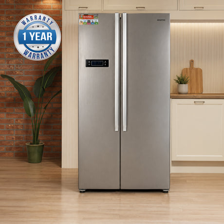 Geepas GRFS6521SXHN Side by Side Refrigerator|650L No Frost Inverter Fridge |Digital temperature control display |tempered glass shelves |Twist ice maker |1-Year Warranty