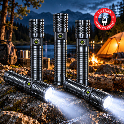Geepas GFL4669 25W Zoomable LED Flashlight |5PCS Combo | Rechargeable Type-C Torch | Aircraft-Grade Aluminium Body |6000mAh Rechargeable Lithium Battery |Portable Design