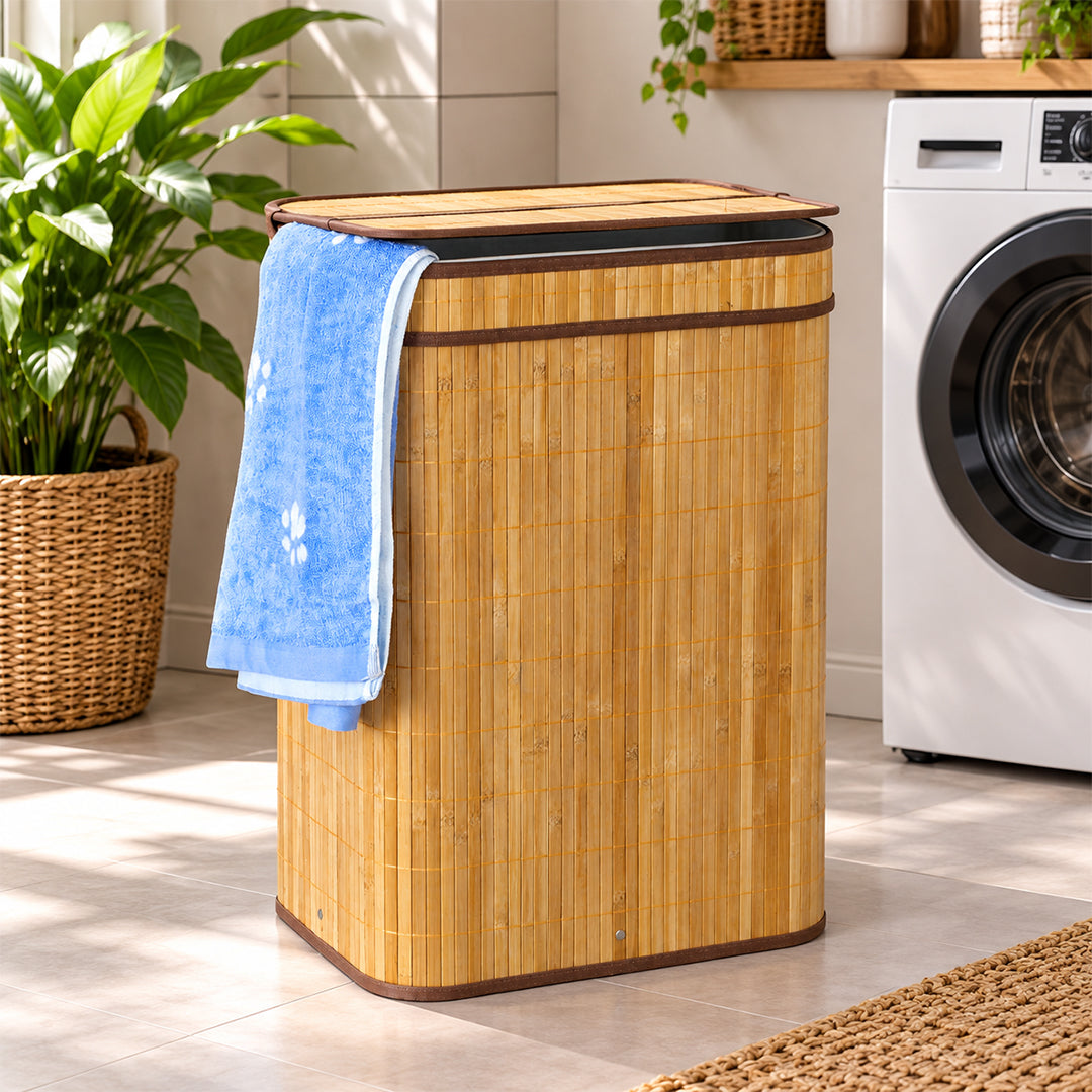 Royalford RF8851 Foldable Bamboo Laundry Hamper Square with Lid  | Eco-Friendly Laundry Storage Basket  | Perfect for Bathroom & Bedroom with Space Saving Design