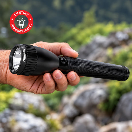 Geepas GFL3894 Rechargeable Waterproof LED Flashlight | 7W LED | 5000mAh Li-Ion Battery | Aircraft-grade aluminium body | Up to 4 hours s working | One-touch push button