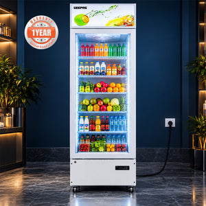 Geepas 500 Liters Showcase Chiller- GSC5004RN/ with LED Digital Temperature Controller, Fan Cooling, Equipped with Shelves and Wheels
