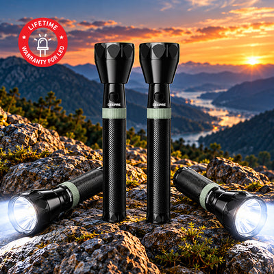 Geepas GFL4601 Rechargeable LED Flashlight 4PCS Combo | 7W CREE LED | 5000mAh Battery | 2000m Beam Range | Aircraft-grade aluminium body | Stable &regulated light output