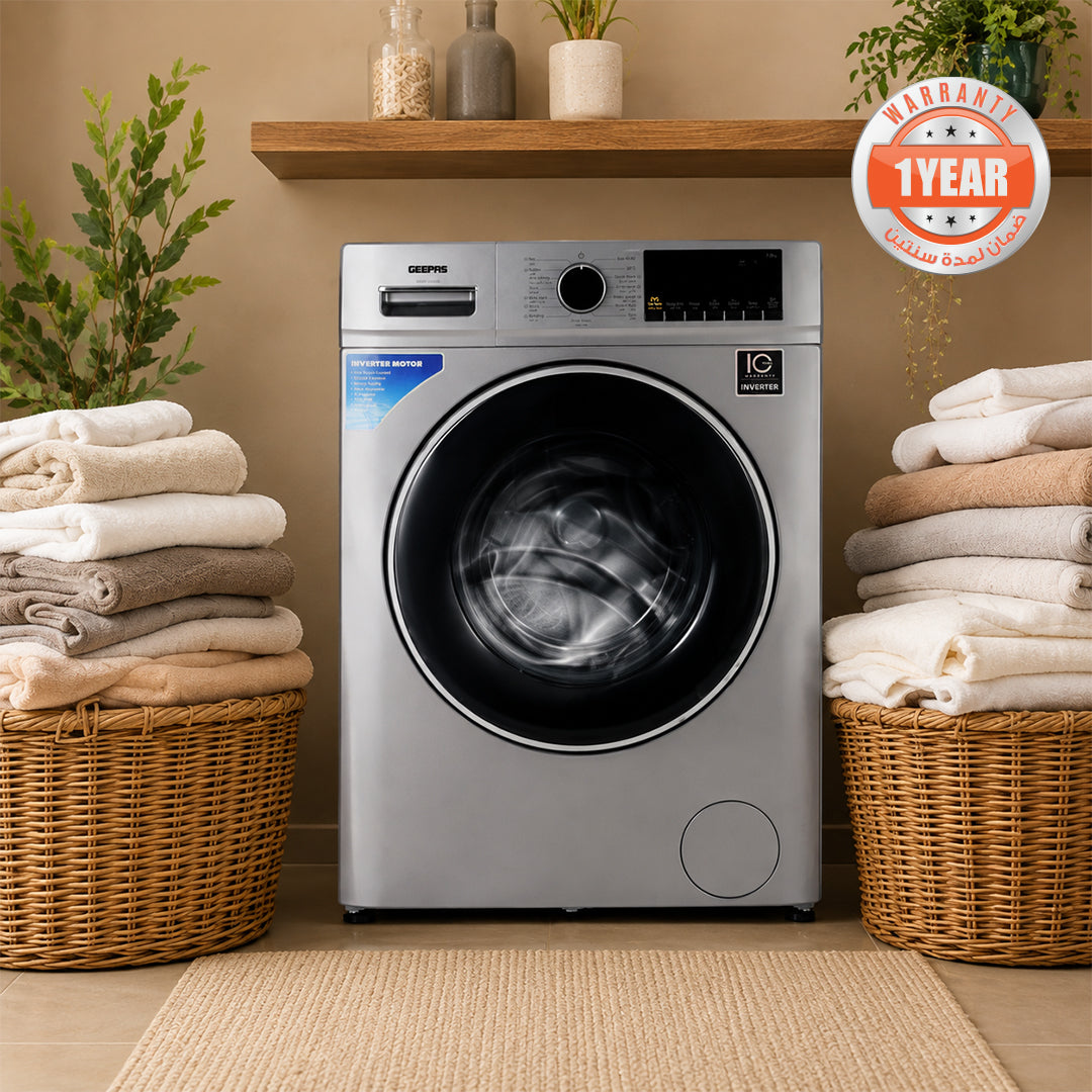 Geepas GWMF7125SRG 7kg Inverter Front Load Washing Machine |  1200 RPM |  16 Wash Programs |  Steam & Quick Wash | LED Display | Stainless Steel Drum & Low Noise System