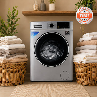 Geepas GWMF7125SRG 7kg Inverter Front Load Washing Machine |  1200 RPM |  16 Wash Programs |  Steam & Quick Wash | LED Display | Stainless Steel Drum & Low Noise System