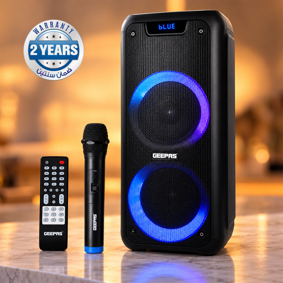 Geepas GMS11168 Rechargeable Professional Speaker | 40000W PMPO Bluetooth TWS | Bluetooth wireless music streaming | Multi-mode LED disco lighting effects | LED display
