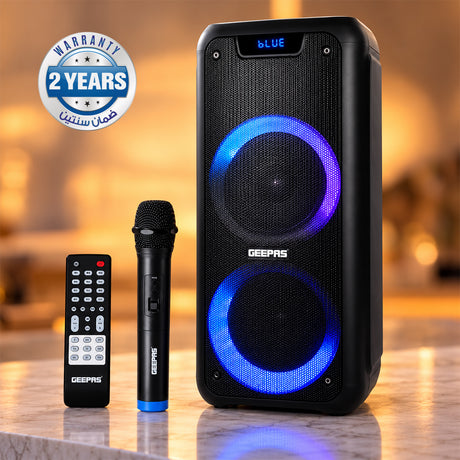 Geepas GMS11168 Rechargeable Professional Speaker | 40000W PMPO Bluetooth TWS | Bluetooth wireless music streaming | Multi-mode LED disco lighting effects | LED display