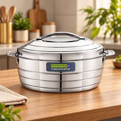 Royalford RF12857 2400ml Stainless Steel Insulated Hot Pot | Double Wall Vacuum Insulation| Firm Twist Lock Lid |Durable Handles | Dishwasher & Freezer Safe Casserole