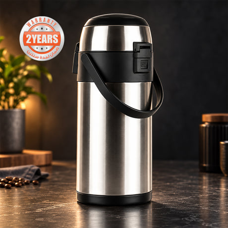 Geepas GVF5262 2.5L Stainless Steel Airpot Flask | Vacuum Insulated Hot & Cold Beverage Dispenser | One-press pump dispenser | Child safety lock  | Wide-mouth design