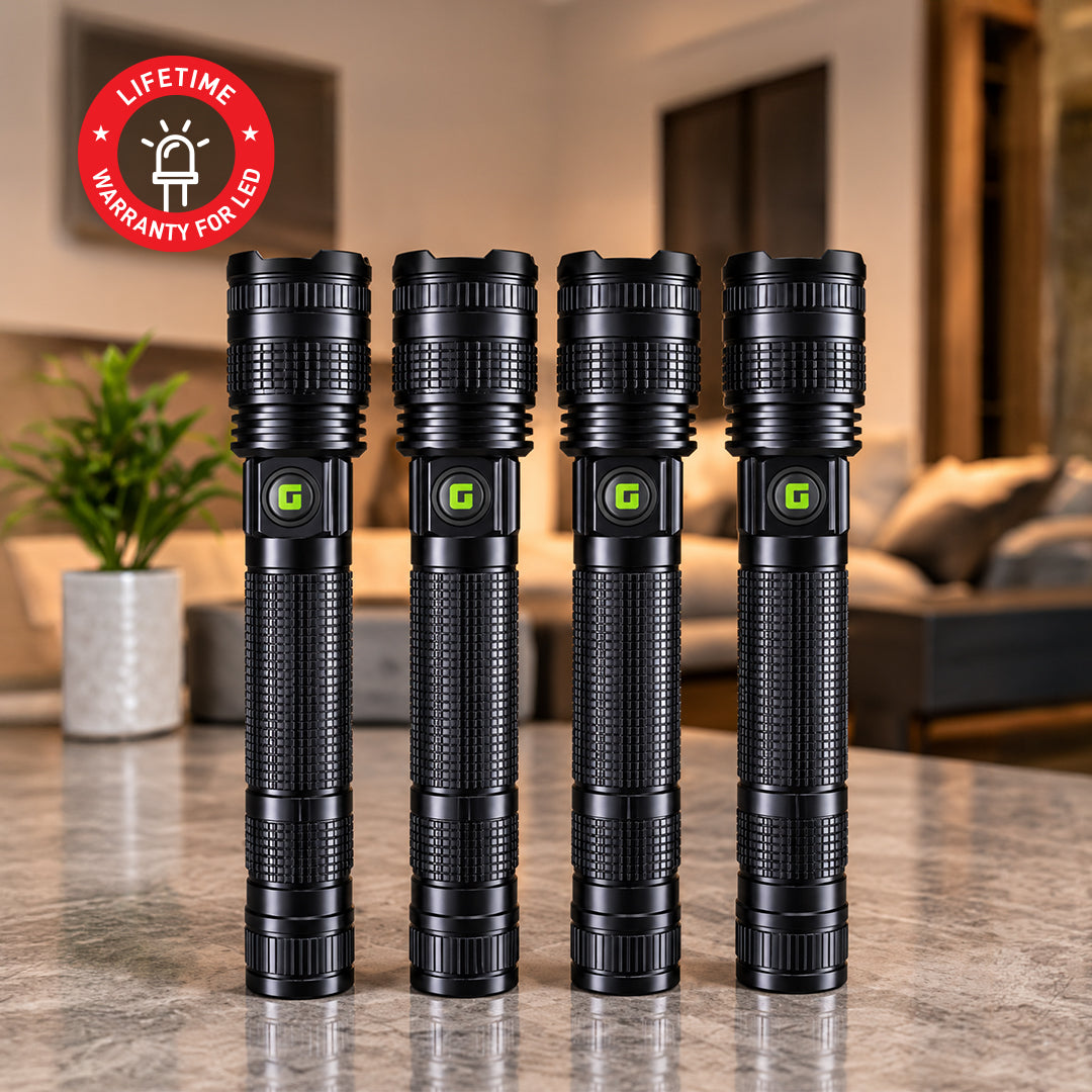 Geepas GFL4639 20W Zoomable LED Flashlight 4PCS Combo | Rechargeable Torch |Up to 2000-Meter Beam Distance | 6000mAh Rechargeable Li-ion Battery | USB Type-C Charging