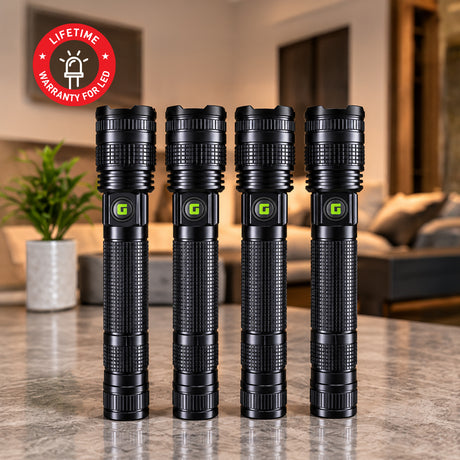 Geepas GFL4639 20W Zoomable LED Flashlight 4PCS Combo | Rechargeable Torch |Up to 2000-Meter Beam Distance | 6000mAh Rechargeable Li-ion Battery | USB Type-C Charging