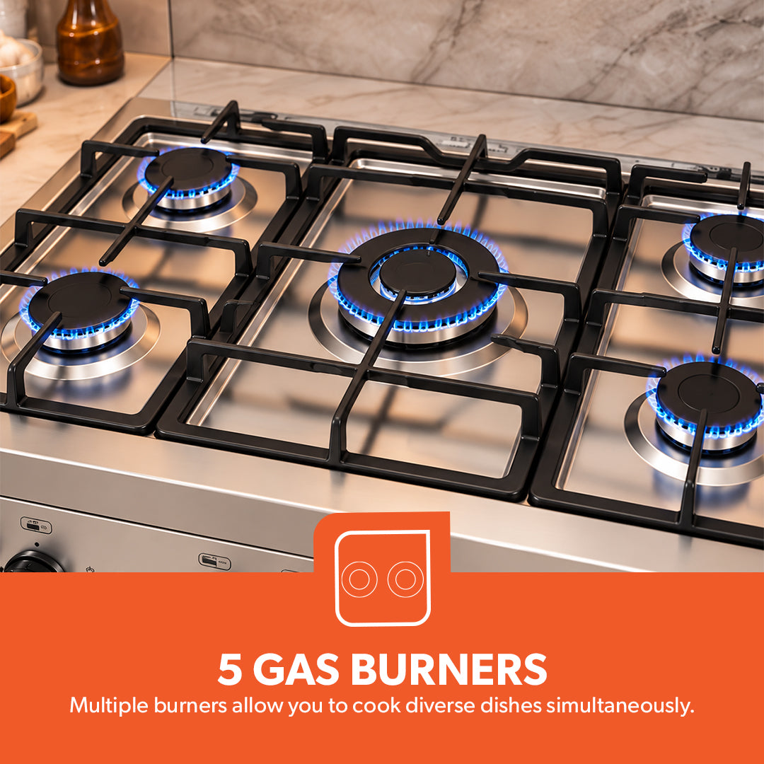 Geepas 90x60 Freestanding Full Gas Cooking Range- GCR9060FSE/ 5 Burners /Self Ignition/ Closed Door Grilling System/ Timer/  Multiple Power Levels / 1 Year Warranty