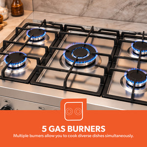 Geepas 90x60 Freestanding Full Gas Cooking Range- GCR9060FSE/ 5 Burners /Self Ignition/ Closed Door Grilling System/ Timer/  Multiple Power Levels / 1 Year Warranty