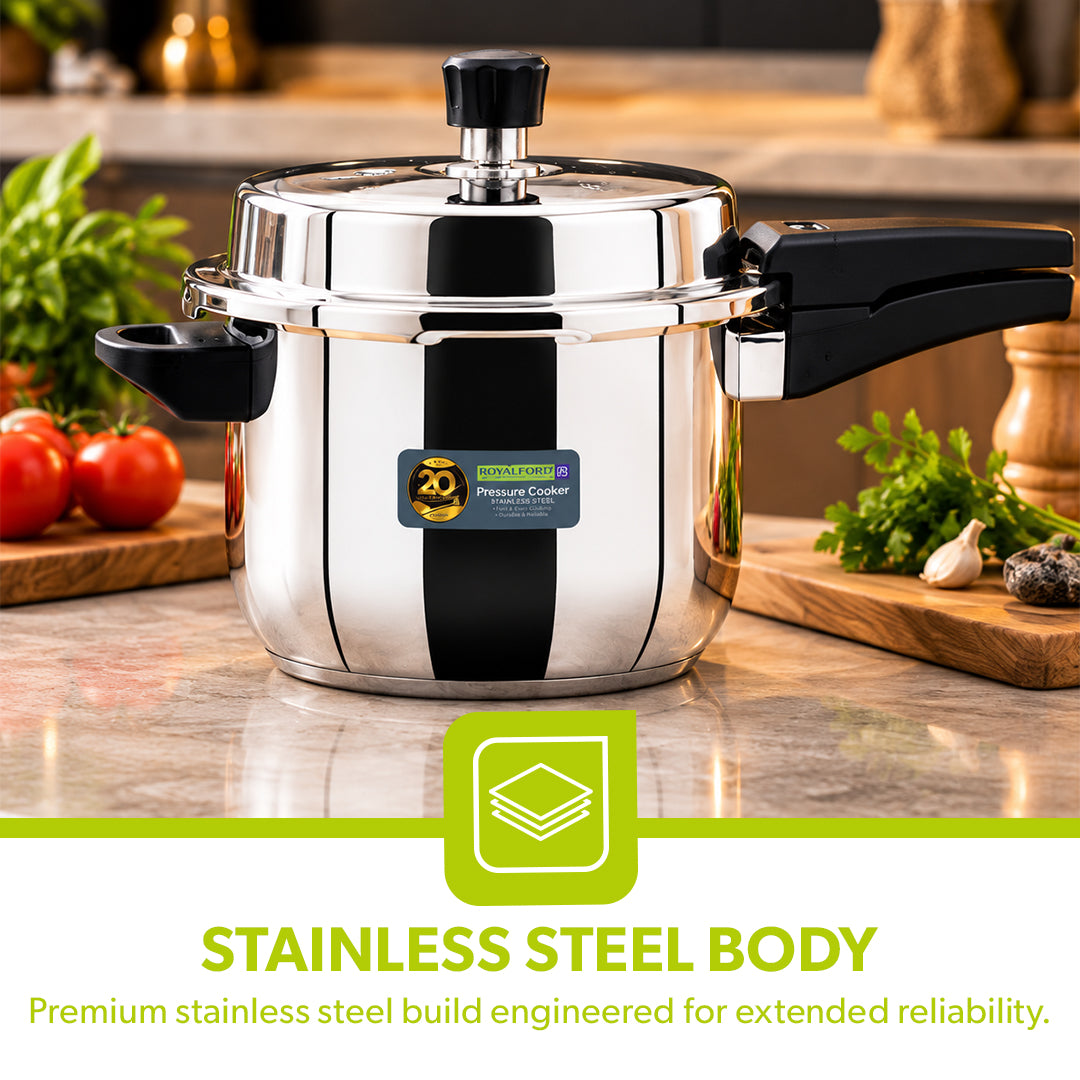 Royalford RF10184N 3L stainless steel pressure cooker with induction compatibility| durable mirror finish body with improved pressure regulator, strong handles