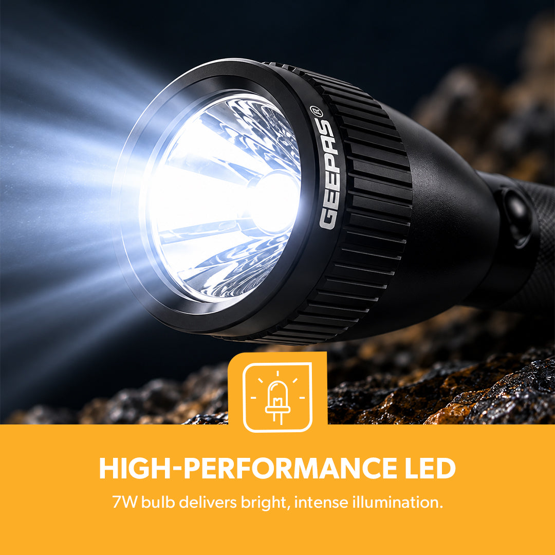 Geepas GFL3894 Rechargeable Waterproof LED Flashlight | 7W LED | 5000mAh Li-Ion Battery | Aircraft-grade aluminium body | Up to 4 hours s working | One-touch push button