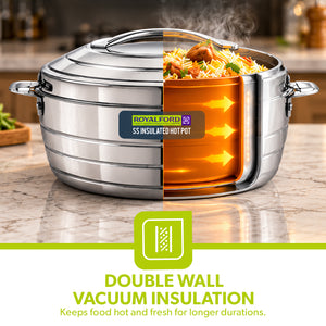 Royalford RF12856 Insulated Hot Pot 1600ml | Double Wall Stainless Steel Casserole | Twist Lock Lid| PU Insulation| Durable Outer Body| Food Warmer for Home & Travel Use