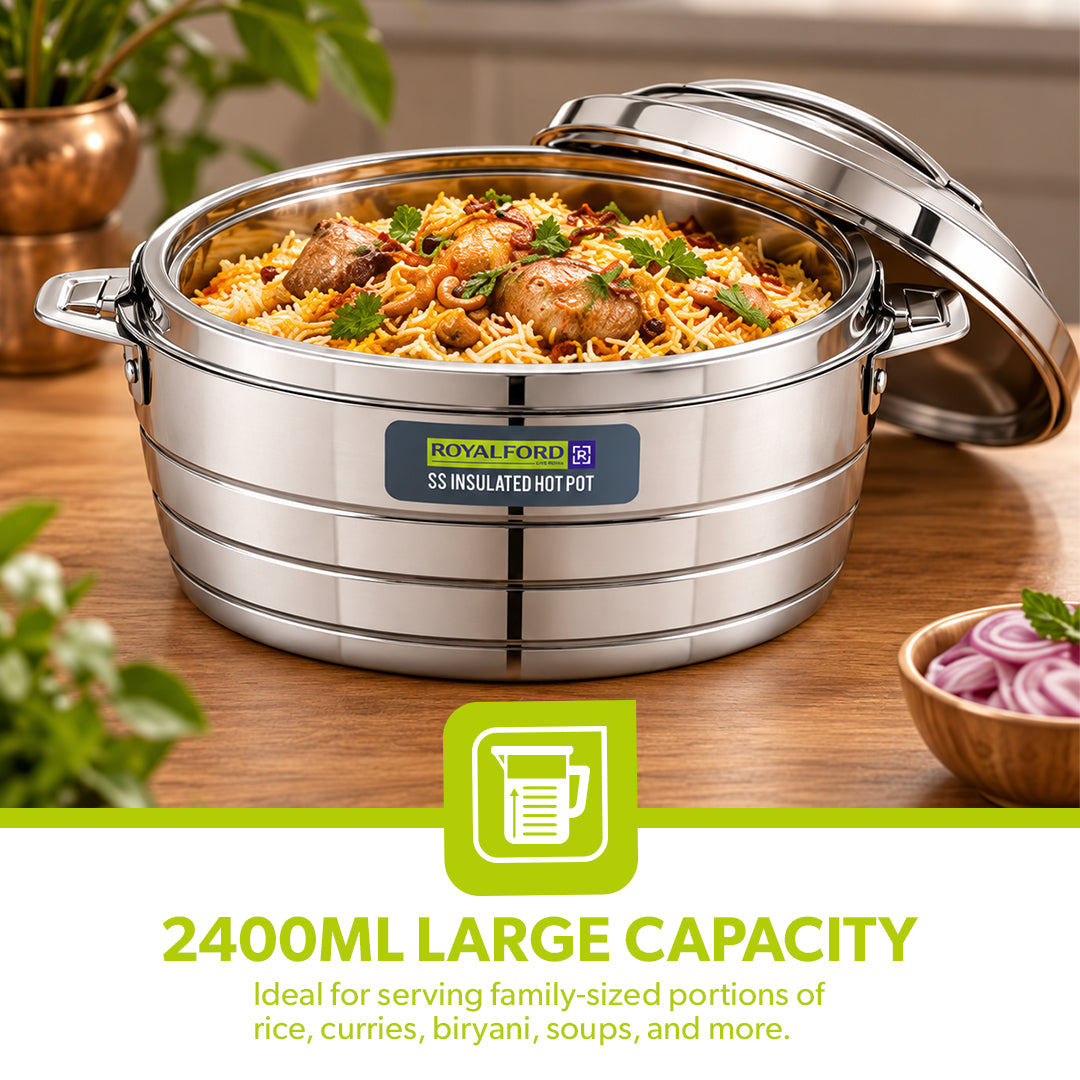 Royalford RF12857 2400ml Stainless Steel Insulated Hot Pot | Double Wall Vacuum Insulation| Firm Twist Lock Lid |Durable Handles | Dishwasher & Freezer Safe Casserole