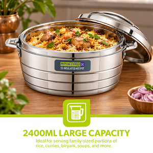 Royalford RF12857 2400ml Stainless Steel Insulated Hot Pot | Double Wall Vacuum Insulation| Firm Twist Lock Lid |Durable Handles | Dishwasher & Freezer Safe Casserole