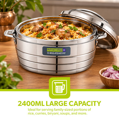 Royalford RF12857 2400ml Stainless Steel Insulated Hot Pot | Double Wall Vacuum Insulation| Firm Twist Lock Lid |Durable Handles | Dishwasher & Freezer Safe Casserole