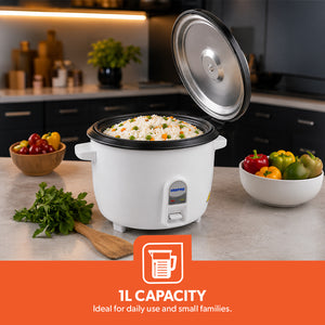Geepas GRC4325 Multifunction Rice Cooker | 1L Capacity | 3-in-1 Cook | Steam & Keep Warm | Removable Non-Stick Inner Pot | Glass Lid | 400W | Cool-touch handles
