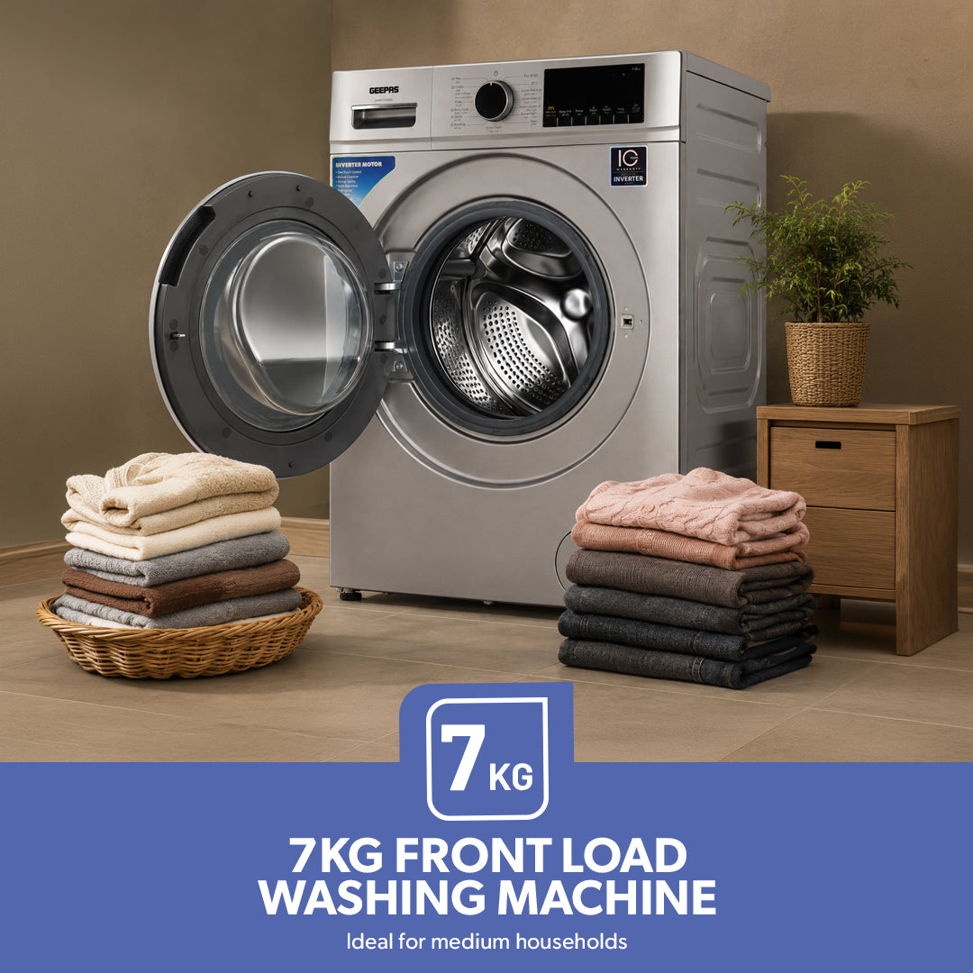 Geepas GWMF7125SRG 7kg Inverter Front Load Washing Machine |  1200 RPM |  16 Wash Programs |  Steam & Quick Wash | LED Display | Stainless Steel Drum & Low Noise System