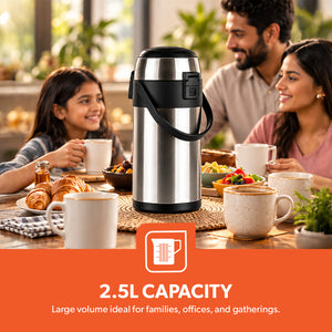Geepas GVF5262 2.5L Stainless Steel Airpot Flask | Vacuum Insulated Hot & Cold Beverage Dispenser | One-press pump dispenser | Child safety lock  | Wide-mouth design