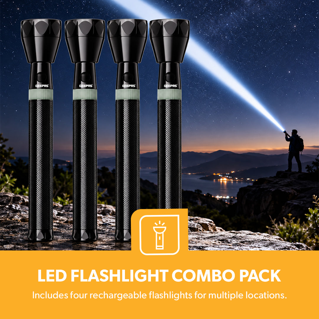 Geepas GFL4601 Rechargeable LED Flashlight 4PCS Combo | 7W CREE LED | 5000mAh Battery | 2000m Beam Range | Aircraft-grade aluminium body | Stable &regulated light output