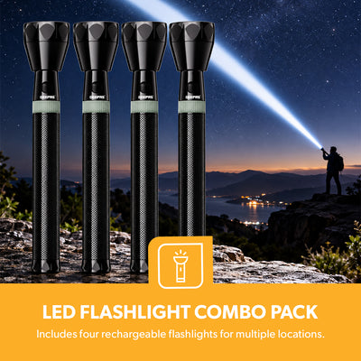 Geepas GFL4601 Rechargeable LED Flashlight 4PCS Combo | 7W CREE LED | 5000mAh Battery | 2000m Beam Range | Aircraft-grade aluminium body | Stable &regulated light output