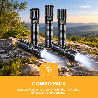 Geepas GFL4669 25W Zoomable LED Flashlight |5PCS Combo | Rechargeable Type-C Torch | Aircraft-Grade Aluminium Body |6000mAh Rechargeable Lithium Battery |Portable Design
