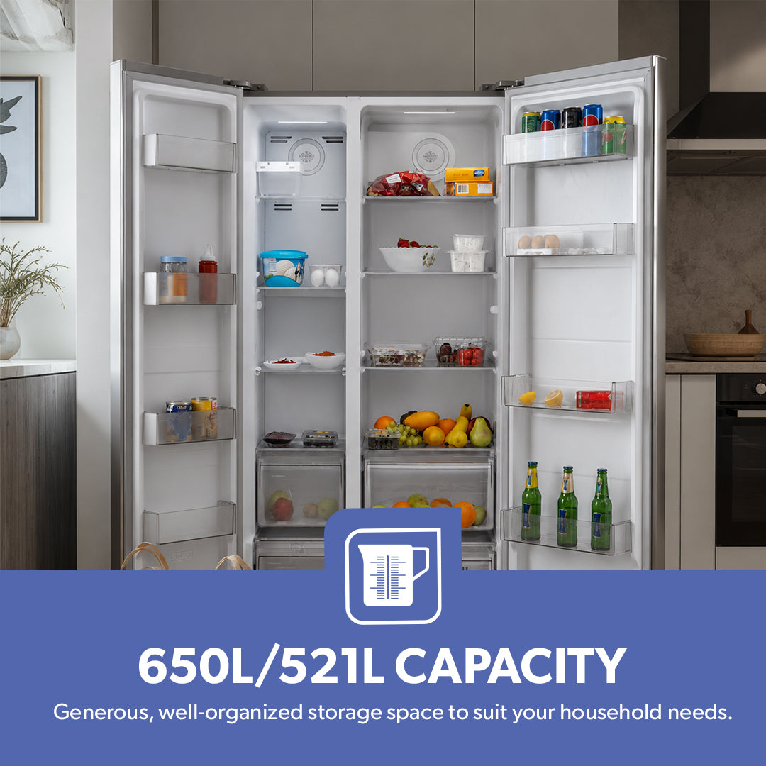 Geepas GRFS6521SXHN Side by Side Refrigerator|650L No Frost Inverter Fridge |Digital temperature control display |tempered glass shelves |Twist ice maker |1-Year Warranty