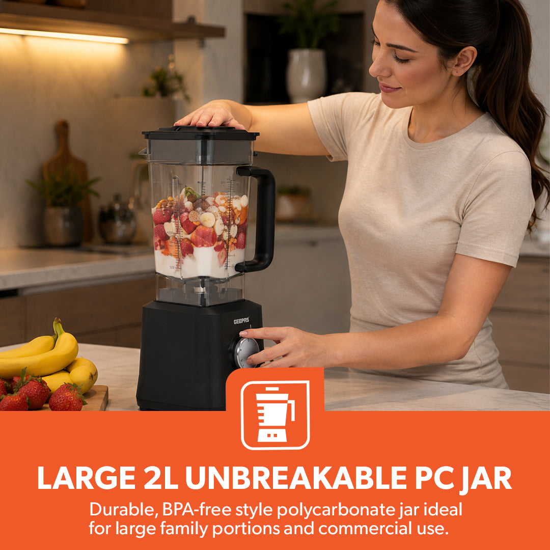 Geepas GSB44078 2000W Professional Blender |2L High-Speed Blender with 5 Speeds | 6-Wing Stainless Steel Blades | Clear Measuring Jar | Overheat Protection |Easy to Clean
