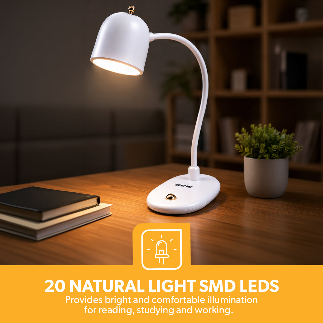 Geepas GE53026 Rechargeable Desk Lamp | 1200mAh LED Lamp |20 Natural Light SMD LEDs | Up to 3 Hours Working Time  | Flicker-Free Lighting |Touch Control |2-Year Warranty